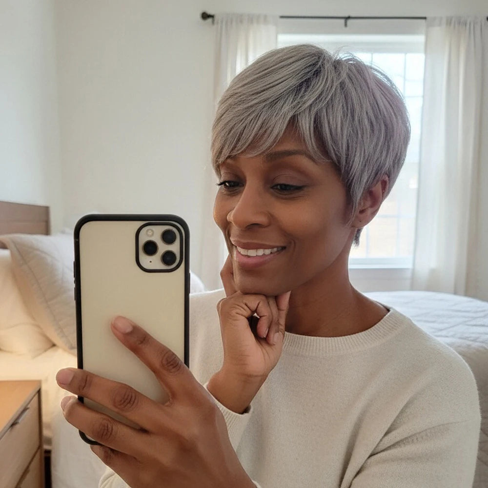 Gray Human Hair Pixie Cut Wig Short Silver Color with Pre Plucked Bangs for Women Brazilian Remy Hair Machine Made Pixie Cut Wig