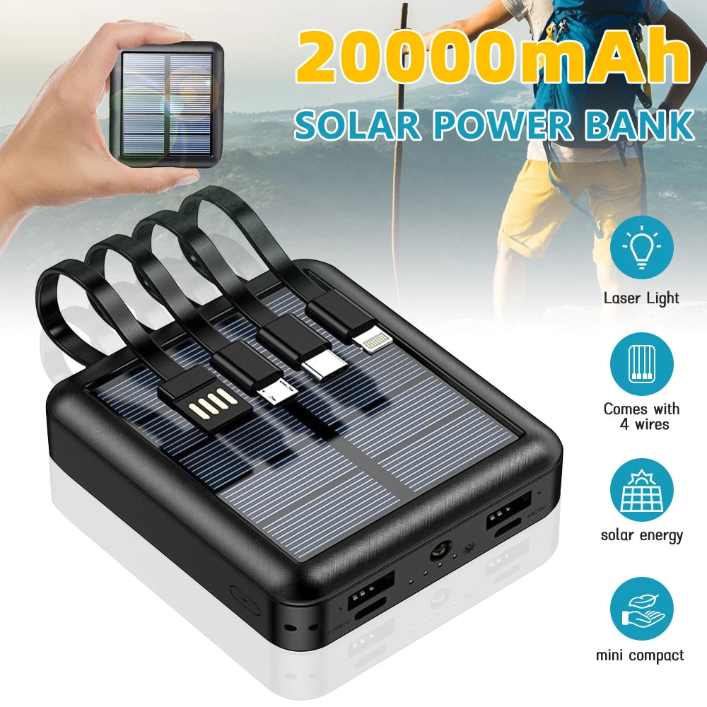 20000mAh Solar Power Bank Dual USB 4 Cables Portable Large Capacity Charger Super Fast Charging USB TypeC Outdoor Power Bank