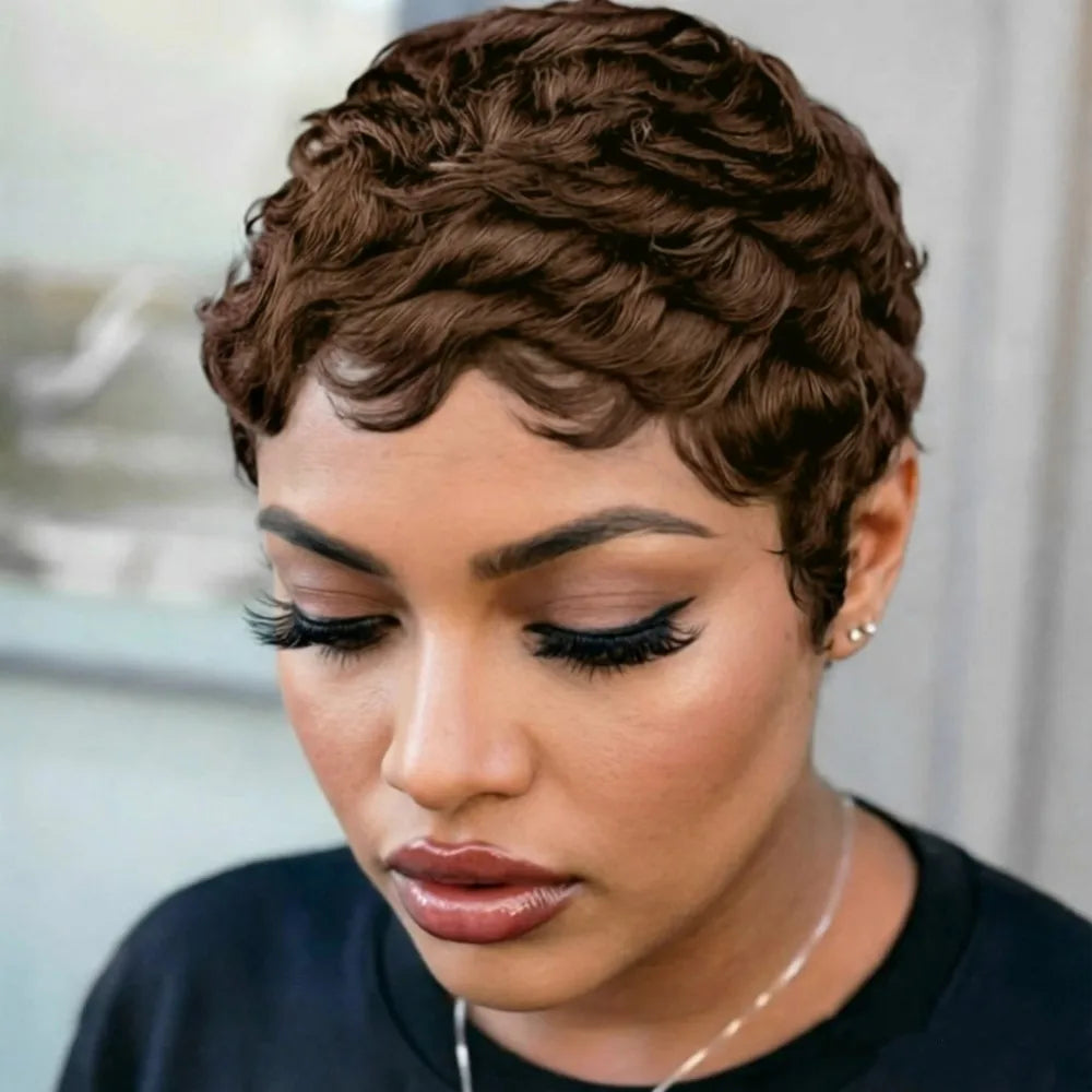 Peluca de cabello humano corto liso en capas estilo pixie, hecha a máquina, color marrón, negro, borgoña, para uso diario o de fiesta para mujeres