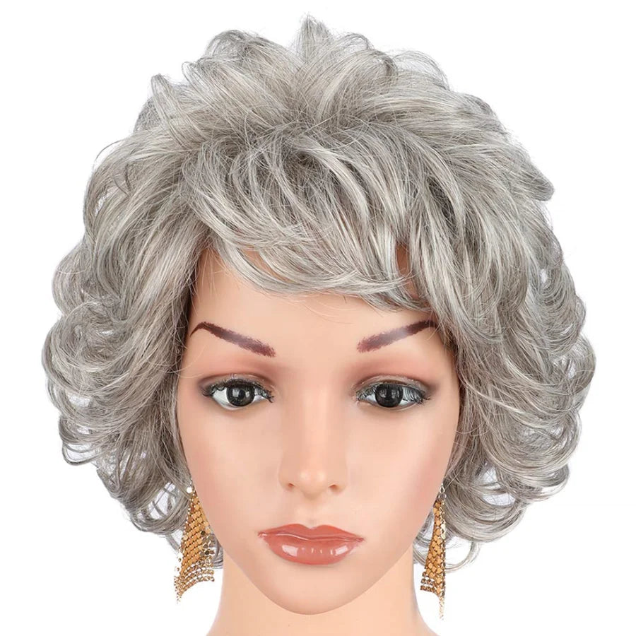 Slivery Grey Short Curly Wavy Wig 100% Imported Premium Synthetic Fashion Brown Hair Wigs for Women