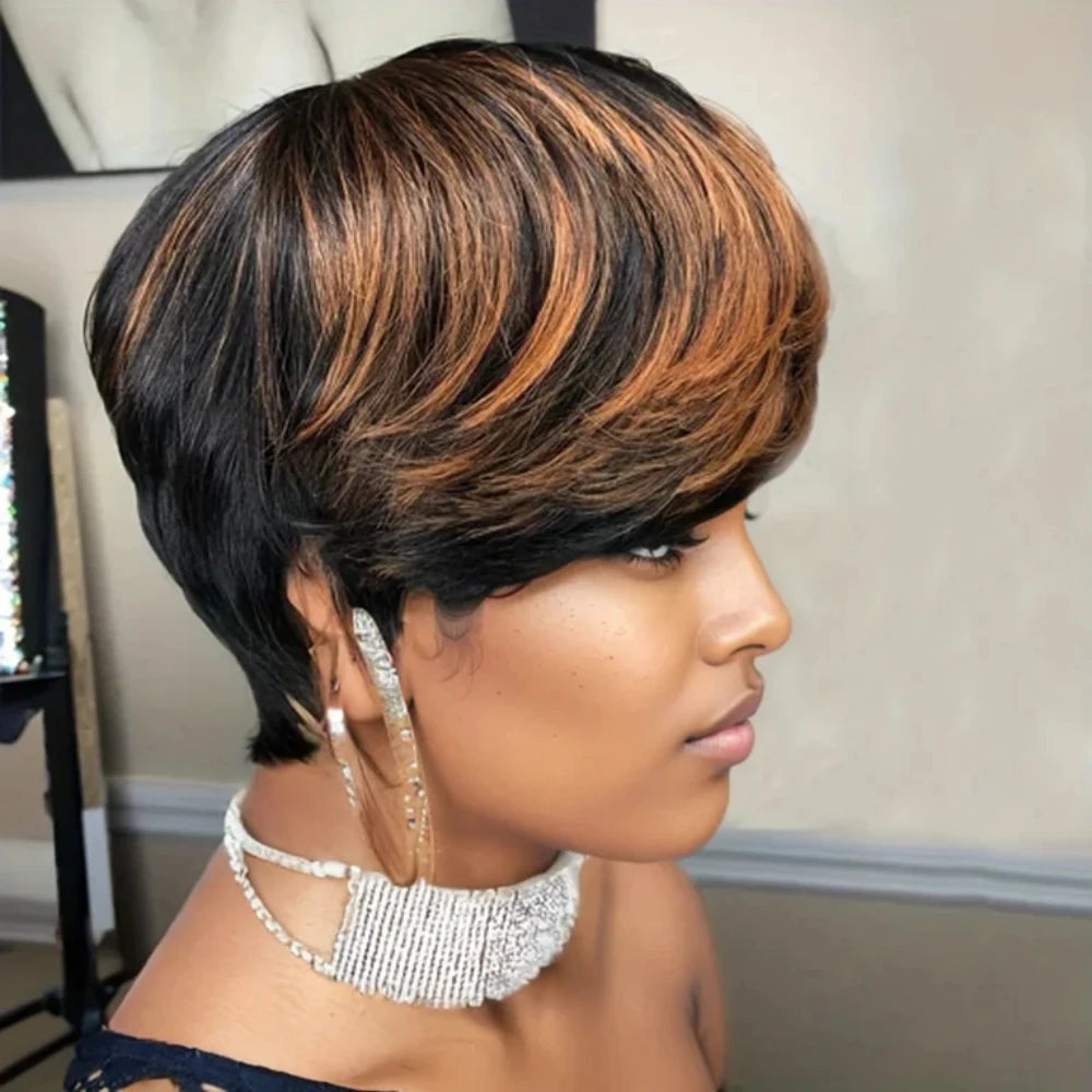 Perruque de cheveux humains raides 1B/30, coupe pixie, avec frange, entièrement faite à la machine, couleur ombrée