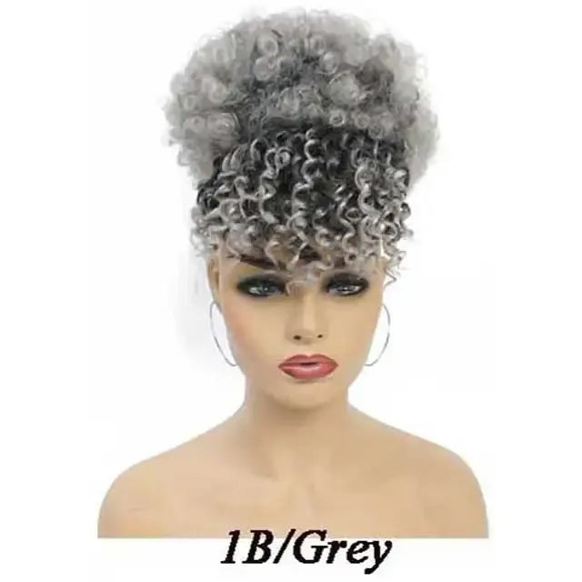 Synthetic Afro Puff Hair Bun Extensions Drawstring Ponytail With Bangs Short Kinky Curly Pineapple Clip in on Wrap Updo Ponytail