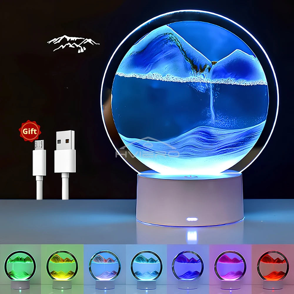 Lámpara de Mesa LED Luz Nocturna de Ambiente Decoración Pintura de Arena Movediza Cristal Redondo Creativo Descompresión Tridimensional para Dormitorio