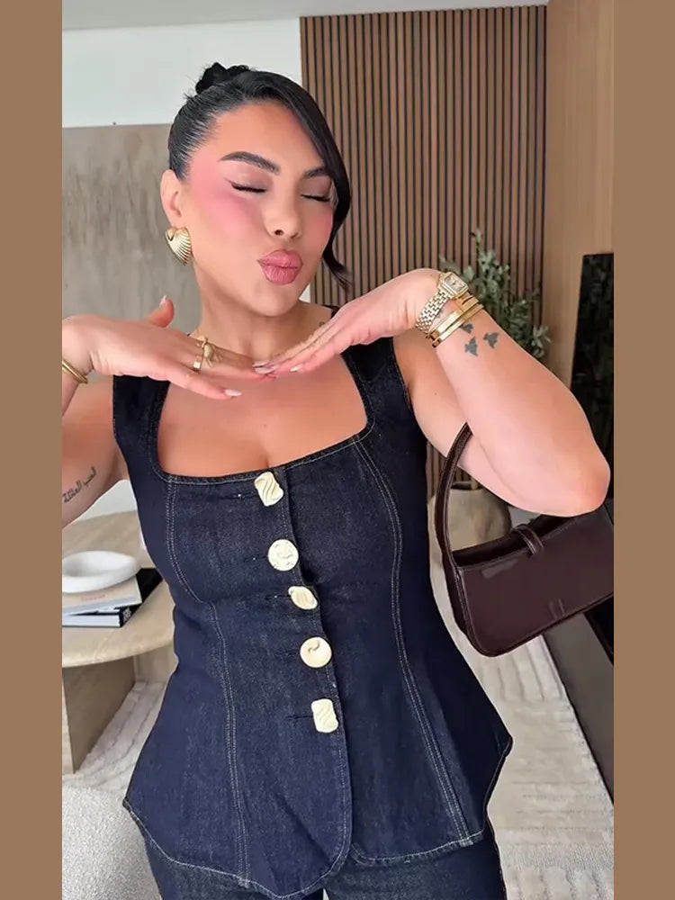 Conjunto de Top y Pantalón de Mezclilla Vintage para Mujer Cuello Cuadrado Camiseta sin Mangas con Botones Vaqueros de Talle Alto Conjuntos Femeninos Moda Y2k 2025 Atuendos de Mezclilla