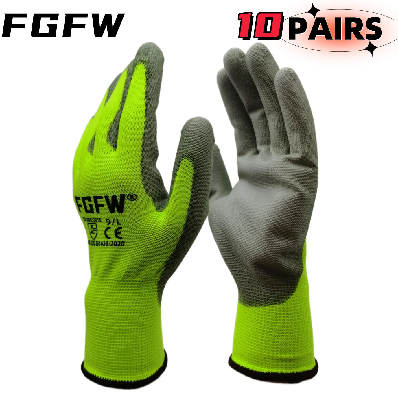 Lot de 10 paires de gants de travail enduits de PU - Gants de sécurité légers et résistants, certifiés EN 388/ISO 20471, tailles S/M/L/XL