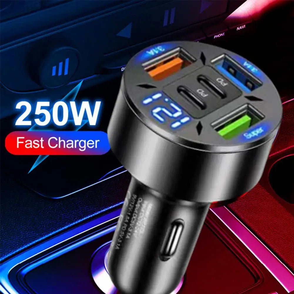 250W Car Charger 5 Ports LED Digital Display USB PD Type C Fast Charging Car Phone Charger Adapter For IPhone 15