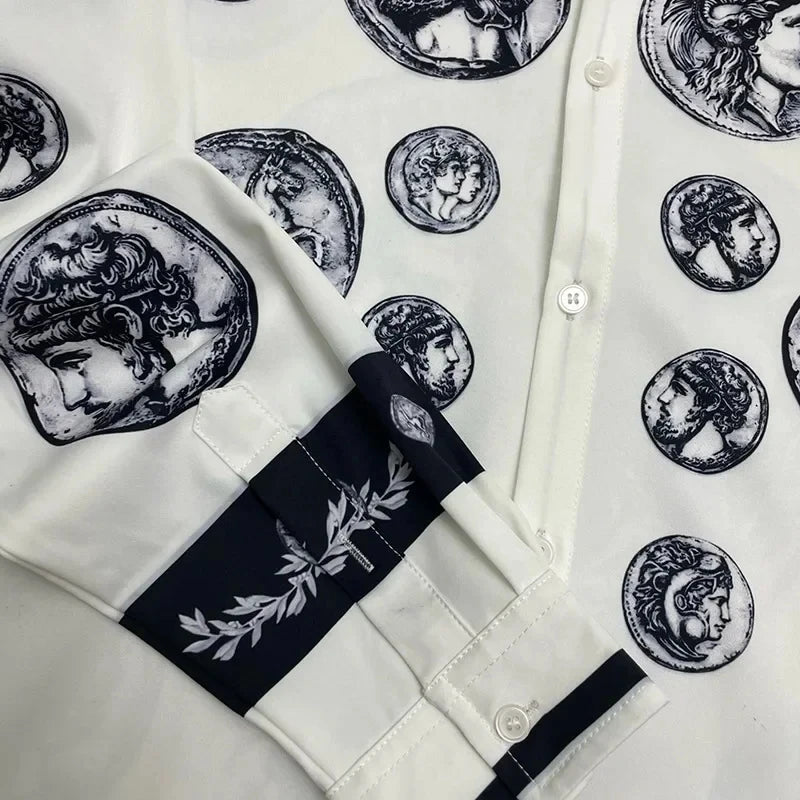 Men's shirt Vintage Character print Spring / Autumn Loose Version Classic Long-sleeved Lapel Fashion and leisure Top S-5XL