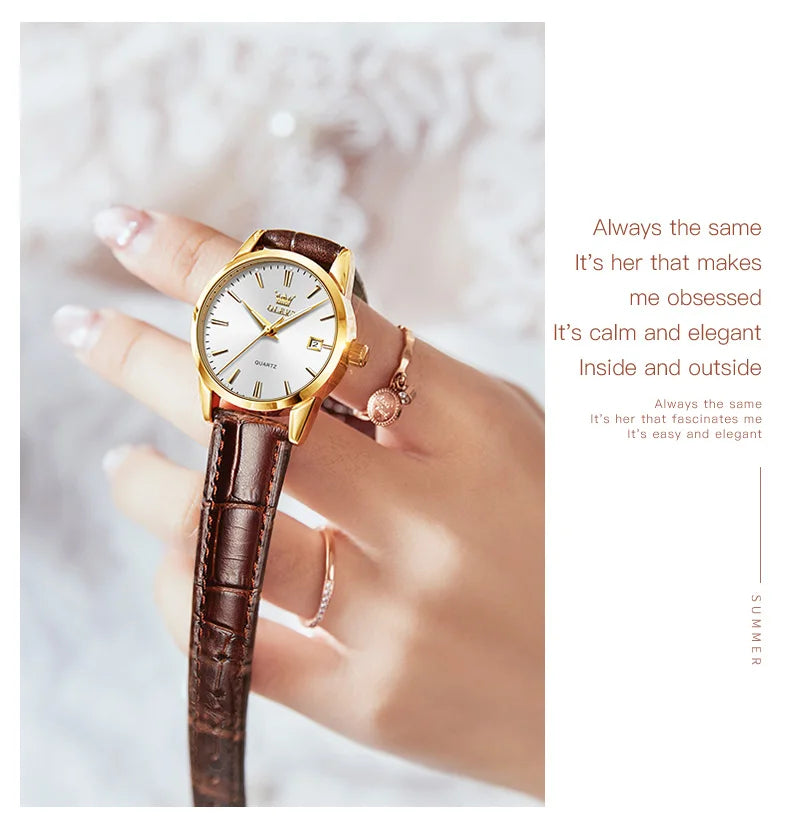 OLEVS 6898 Reloj de Mujer Original de Moda Reloj de Pulsera de Cuarzo Impermeable con Correa de Cuero Luminosa Doble Calendario Reloj de Señora