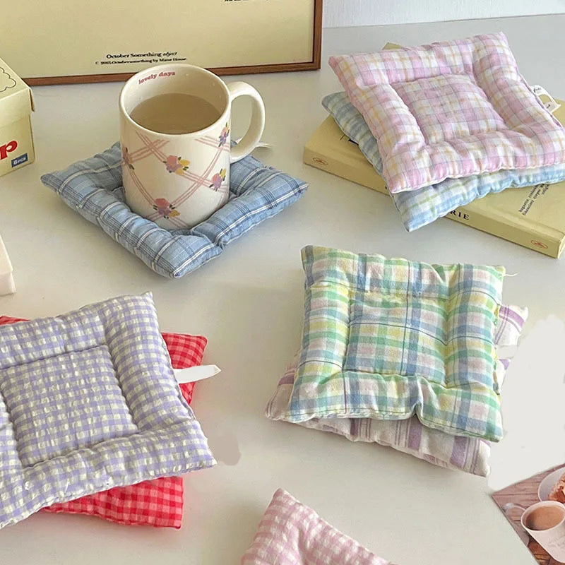 Dessous de verre style coréen fait main en coton à carreaux, coussin isolant, set de table, décoration de la maison, accessoire de cuisine