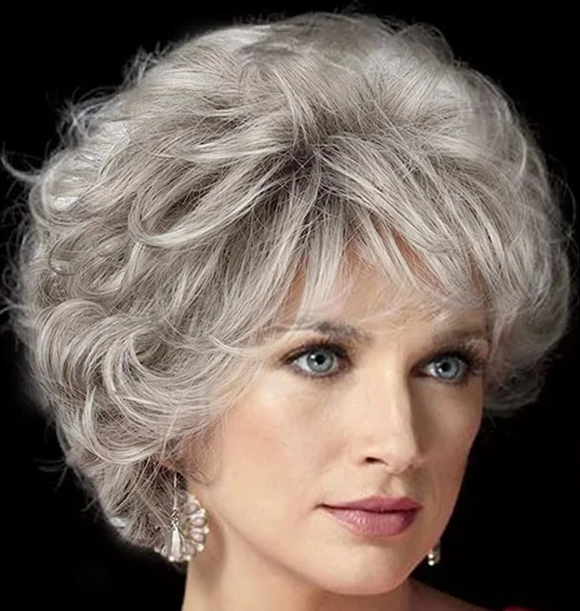 Slivery Grey Short Curly Wavy Wig 100% Imported Premium Synthetic Fashion Brown Hair Wigs for Women