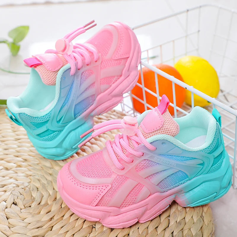 Girls Cute Gradient Mesh Sneakers Low Top Breathable glowing Platform Sports kids Shoes