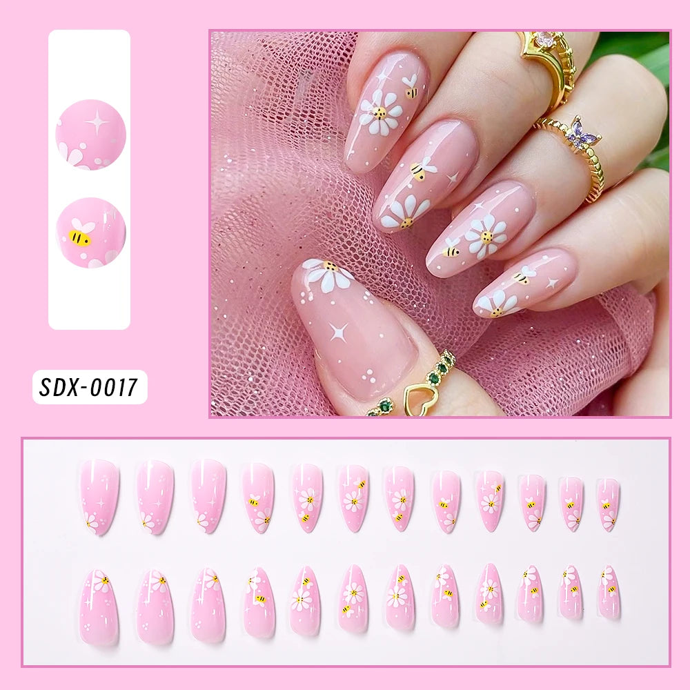 Uñas postizas de leopardo rosa de 24 piezas con punta francesa, cabeza cuadrada corta, lazo negro 3D, uñas postizas acrílicas de cobertura completa a presión