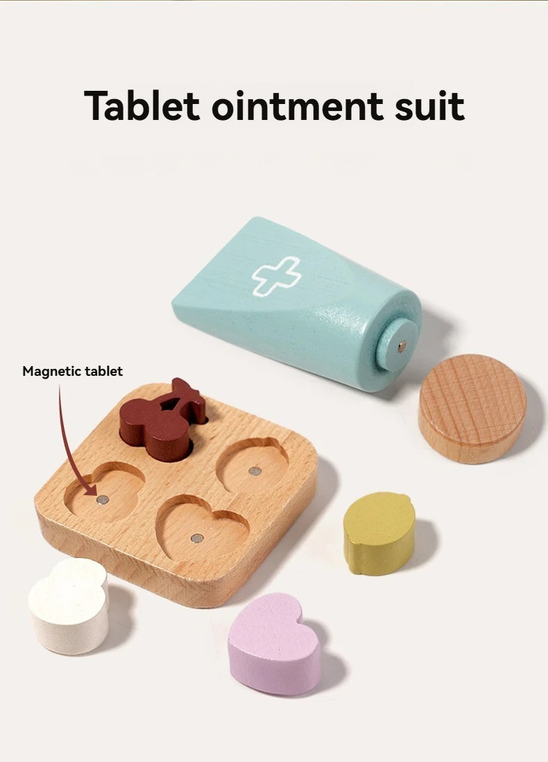 Simulación de niños jugando a las casitas, médicos, enfermeras, estetoscopios, botiquines, jeringas, juegos de juguetes, niños y niñas de madera