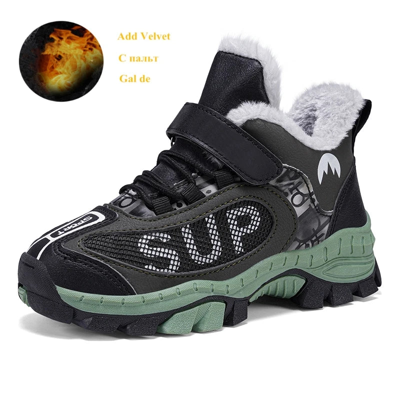 Winter Plus Velvet Hiking Shoes For Kids Non-slip Platform High Top Sports Shoes Boys Outdoor Warm Plush Children's Sneakers