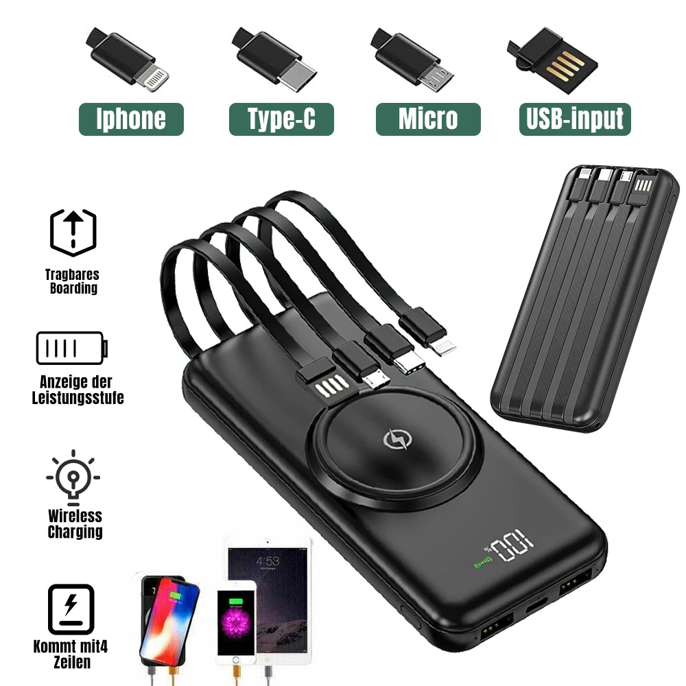 Wireless Fast Charging Power Bank Large Capacity USB 4 in1 Super Fast Charging Built-in Quad Power Cable Portable High Capacity
