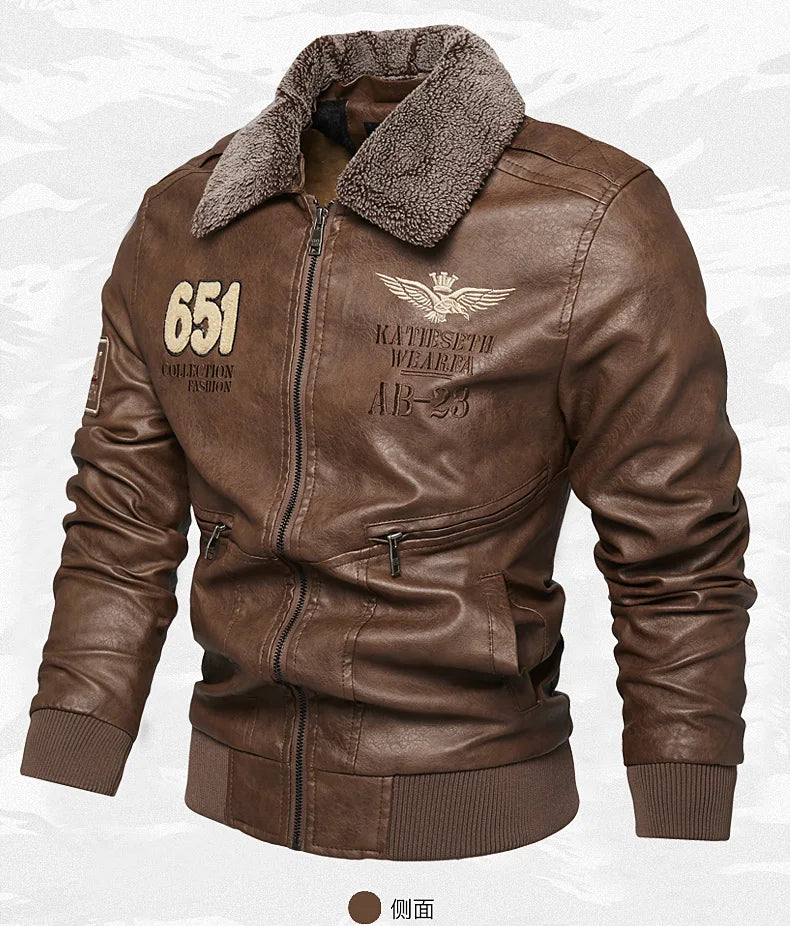 Chaquetas de moto para hombre de moda otoño/invierno casual de cuero bordadas estilo aviador en invierno terciopelo PU Jacke