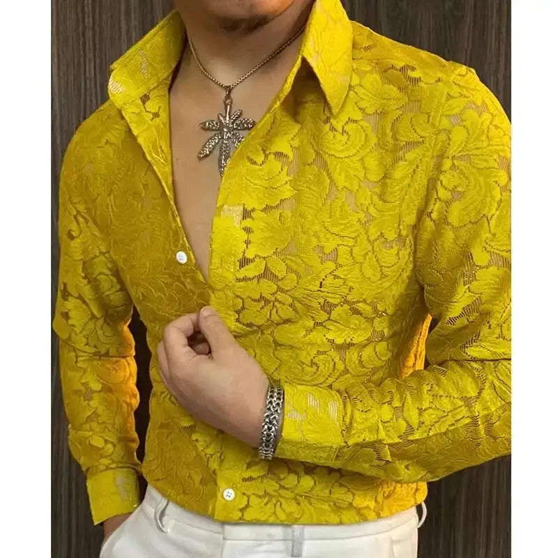 Men's Slim Fit Shirt Spring Transparent Long Sleeved Shirt Men Nightclub Sexy Casual Social Party Singer Shirt