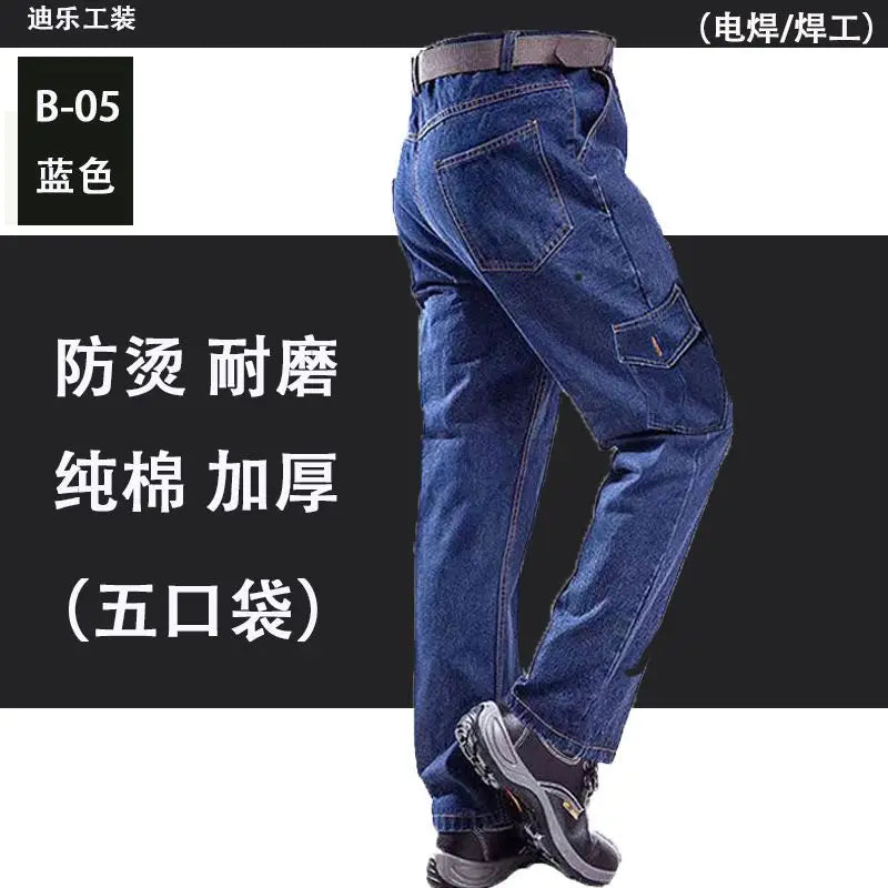 Peto pantalón ropa de hombre pantalones resistentes al desgaste anti-escaldaduras engrosamiento algodón ropa de trabajo de mezclilla pantalones de trabajo múltiples bolsillos