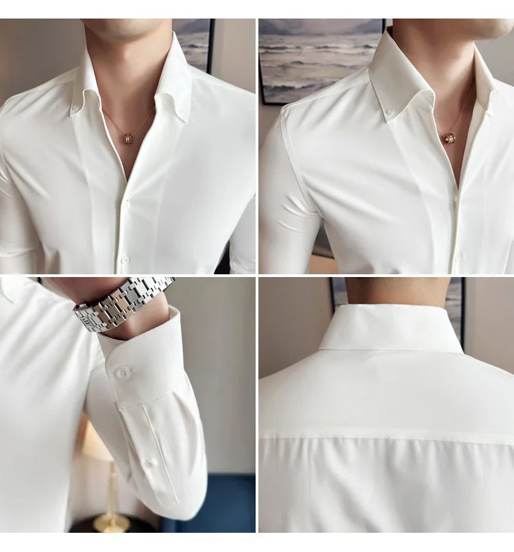 Camisa de vestir de hombre Otoño Estilo británico Liso Casual Ajustado Formal Camisas Cuello en V Manga Larga Camisa Ropa de hombre Streetwear