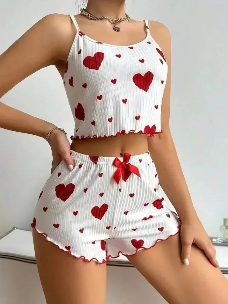 Ropa de dormir para mujer, conjuntos de pijamas de otoño e invierno, chaleco sin mangas con estampado de corazón y pantalón largo, conjunto de lencería sexy y pijamas
