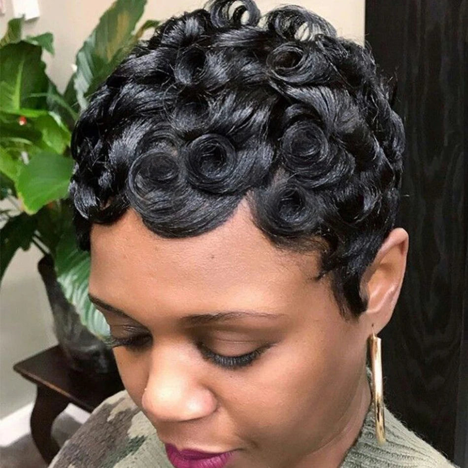 Perruque pixie bouclée sans colle