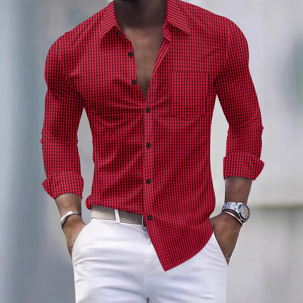 Camisa de hombre - Camisa de manga larga abotonada con cuello, diseño de bolsillos y cuadros sólidos, estilo informal de negocios, nueva temporada primavera-otoño