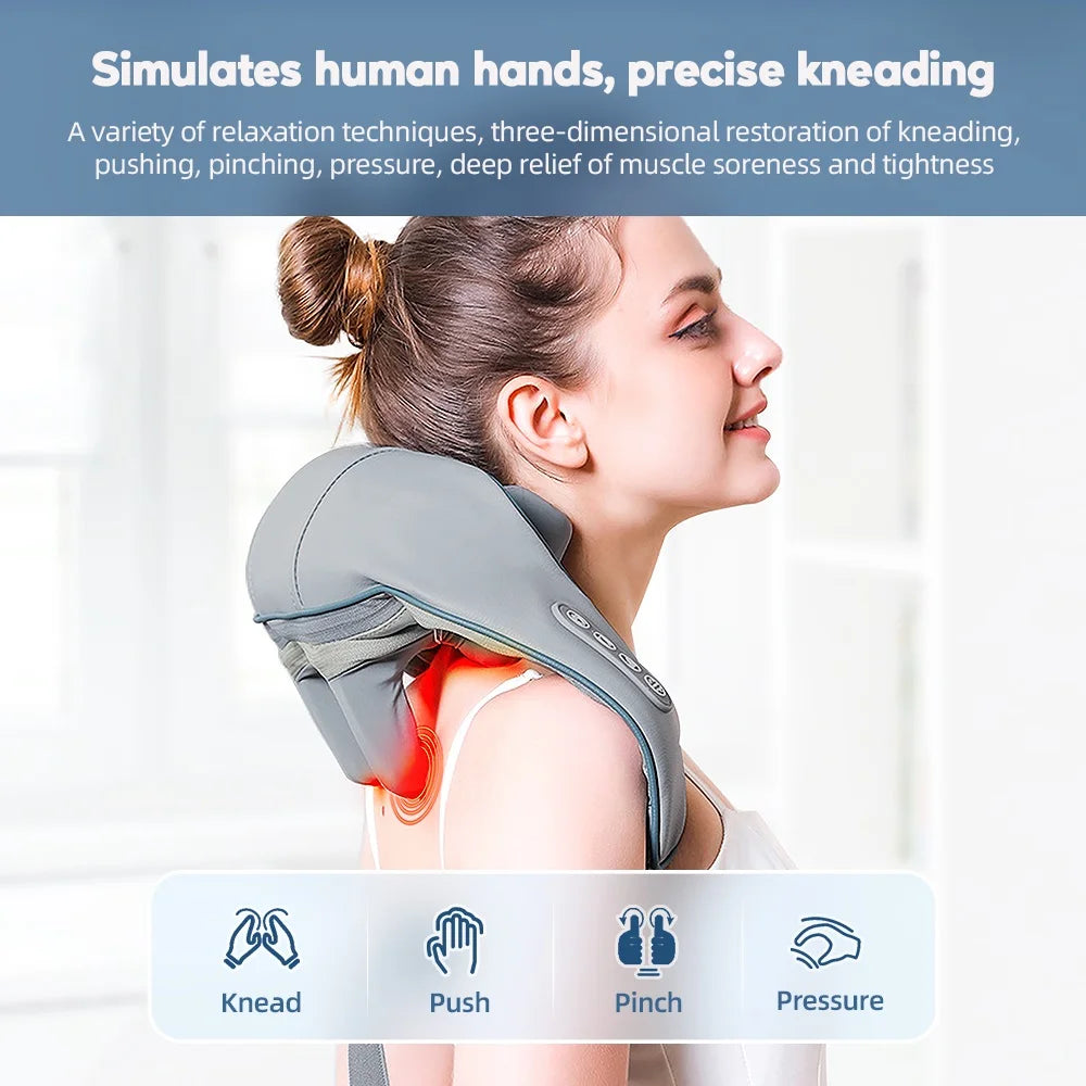 Chal de masaje eléctrico amasador de hombros, masajeador inalámbrico automático de cuello y espalda, almohada de masaje relajante para los músculos de la espalda y el trapecio.
