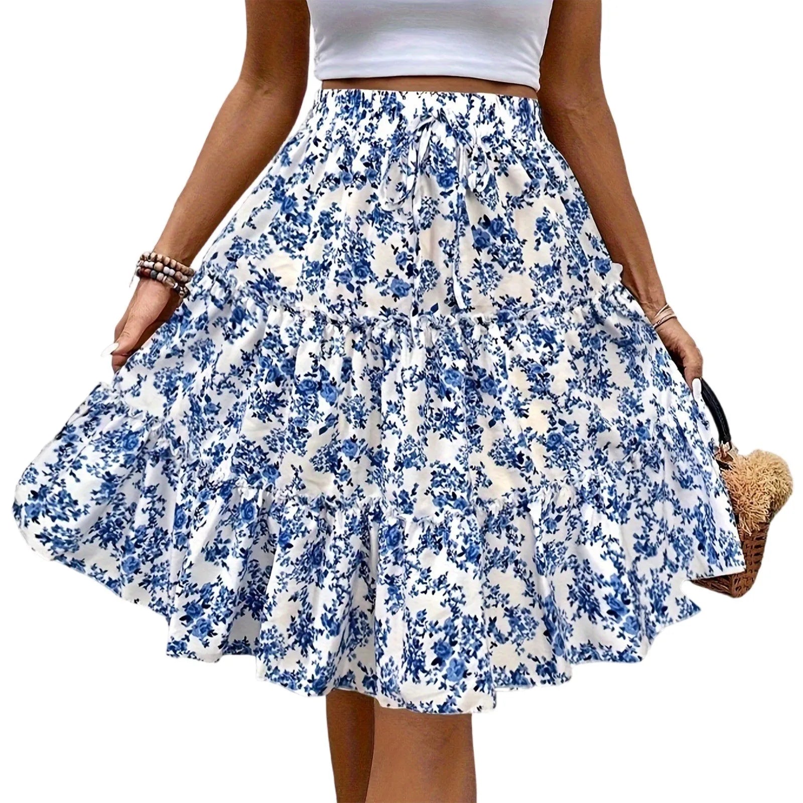 Falda de pastel empalmada para mujer, estampado floral de moda, correa de cintura elástica, faldas informales versátiles, falda cómoda hasta la rodilla