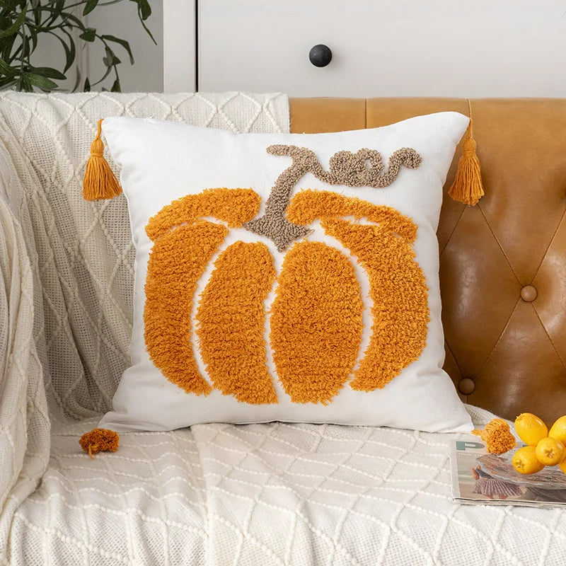 Funda de cojín bordada con toalla, bordado de calabaza de Halloween, funda de cojín de oficina de otoño