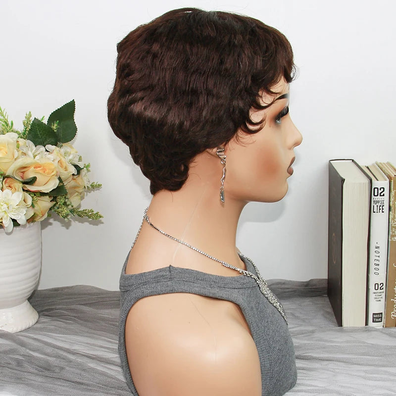 Pixie Cut Human Hair Wigs Short Wigs for Women Layered Pixie Wig With Bangs Glueless Full Machine Made Dark Brown #2 On Sale
