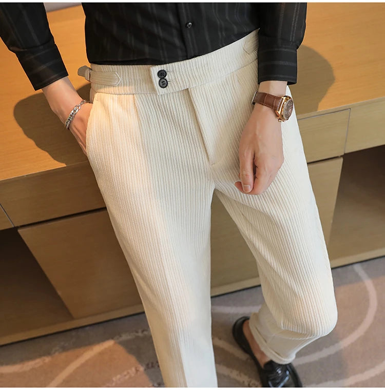Nuevo pantalón informal de cintura alta de felpilla napolitana de lujo ligero para hombres, pantalón de vestir para hombres de ajuste delgado con sensación premium, pantalón