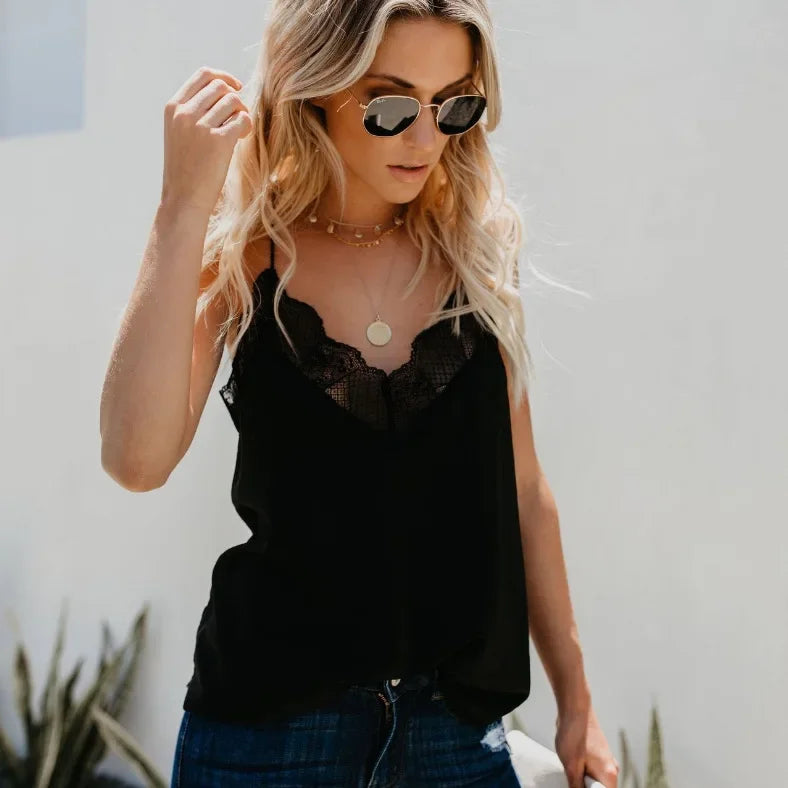 Tops de mujer - Elegante camiseta sin mangas, top de tubo, camisola de seda satinada, chaleco liso con tirantes, blusa sin mangas, ajuste francés, encaje delicado