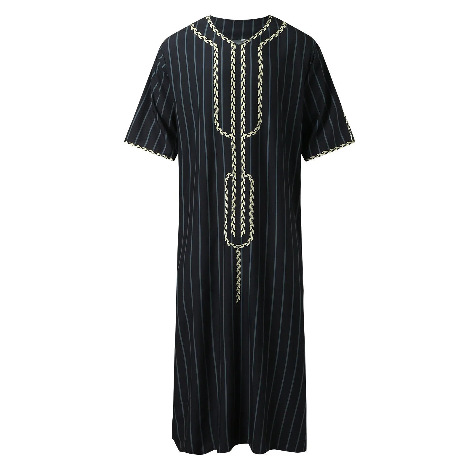Ropa Musulmana Hombre Bordado a Mano Holgado Transpirable Moda Verano Túnica Suelta Lujo Dubái Escote en V Manga Corta Estampado