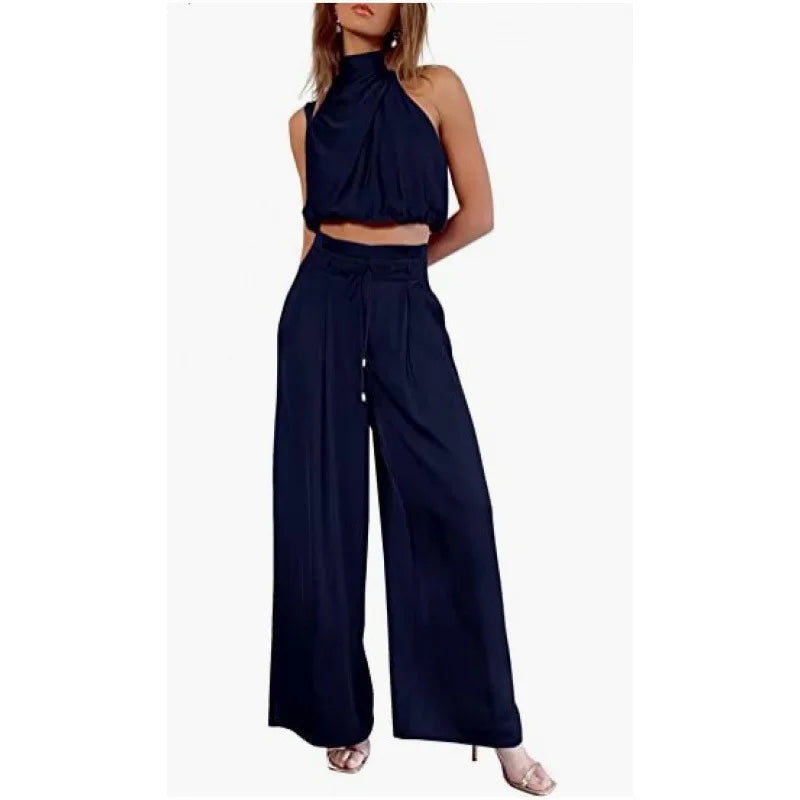 Ensemble deux pièces pour femme, pantalon ouvert au nombril, haut sans manches en soie plissée, pantalon large, ensemble assorti d'été 2024