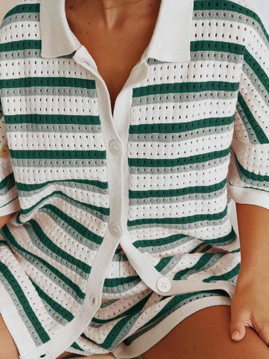 Conjunto de Pijama de Mujer de 2 Piezas Trajes de Salón Verano Rayas Contraste de Color Botón Tops de Punto de Ganchillo y Pantalones Cortos Conjuntos de Salón Playa