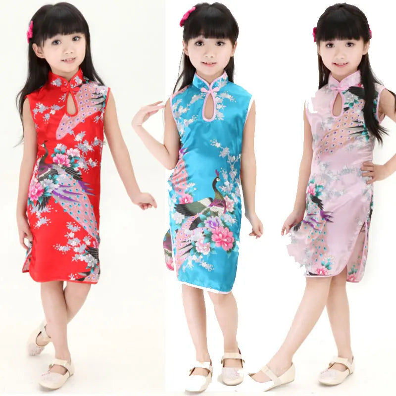 Girls’ Peacock Qipao Dress