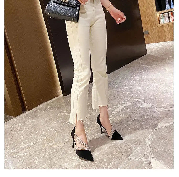 Zapatos de tacón alto para fiesta de noche de mujer, nuevos zapatos de salón elegantes para mujer, de punta, negros, con tiras, para mujer