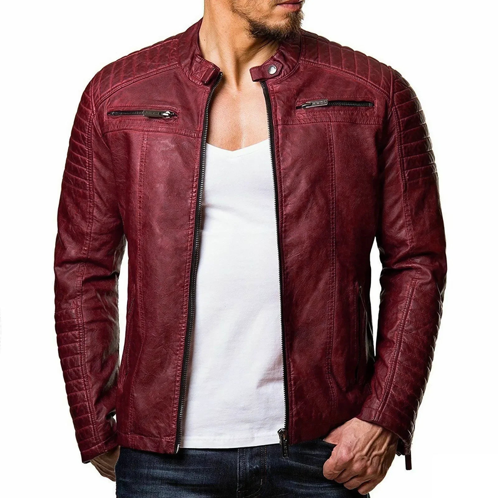 Chaqueta de cuero para hombre, de moda, para motocicleta, cortavientos, impermeable, de color sólido, con cremallera, casual, estilo hip hop, estilo universitario
