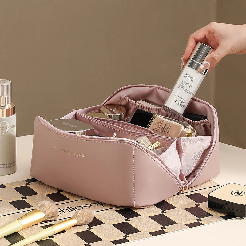 Bolsa de maquillaje PU a la moda y práctica, bolsa de almacenamiento de viaje, neceser de gran capacidad, bolsa de maquillaje con almohadilla de belleza para apoyar la mano
