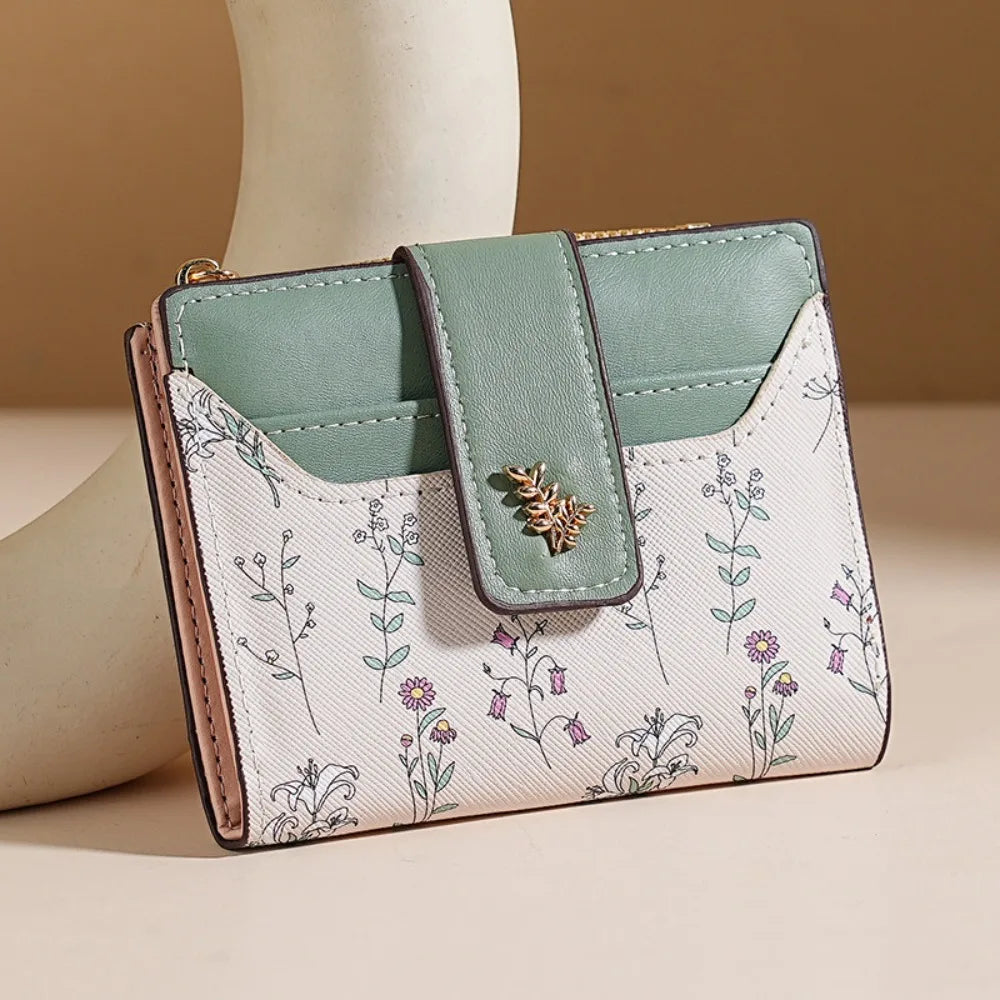 Cartera corta de piel sintética fina INS, monedero con cremallera para varias tarjetas, cierre de flores pequeñas, bolsa para tarjetas, cartera con cremallera para mujer/niña