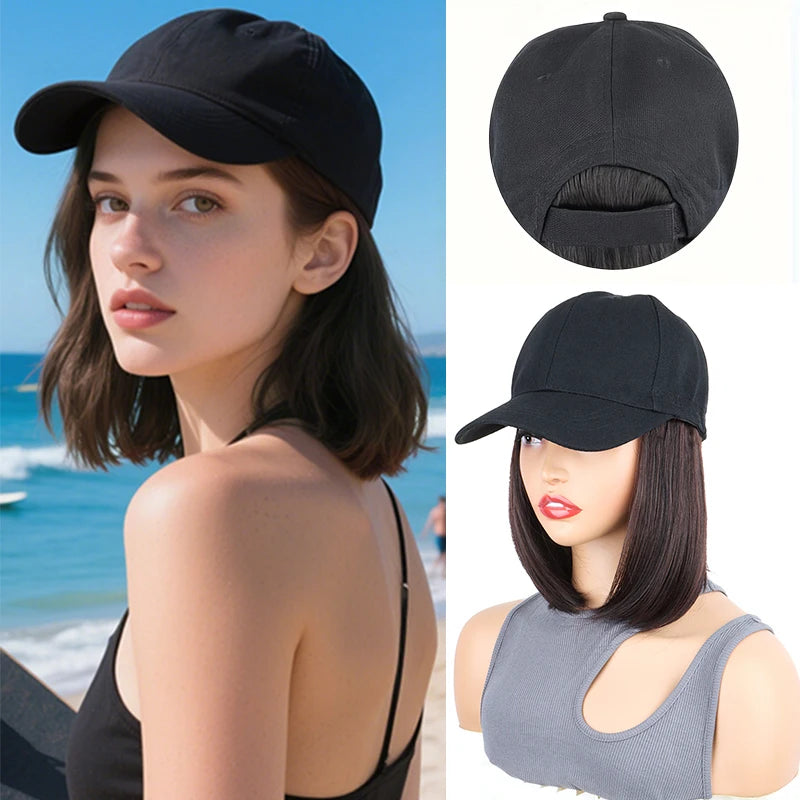 Extensions de Cheveux en Casquette de Baseball Synthétique 12 Pouces, Perruque Chapeau Réglable Bob Court et Droit, Facile à Porter pour Femmes, Quotidien ou Fête