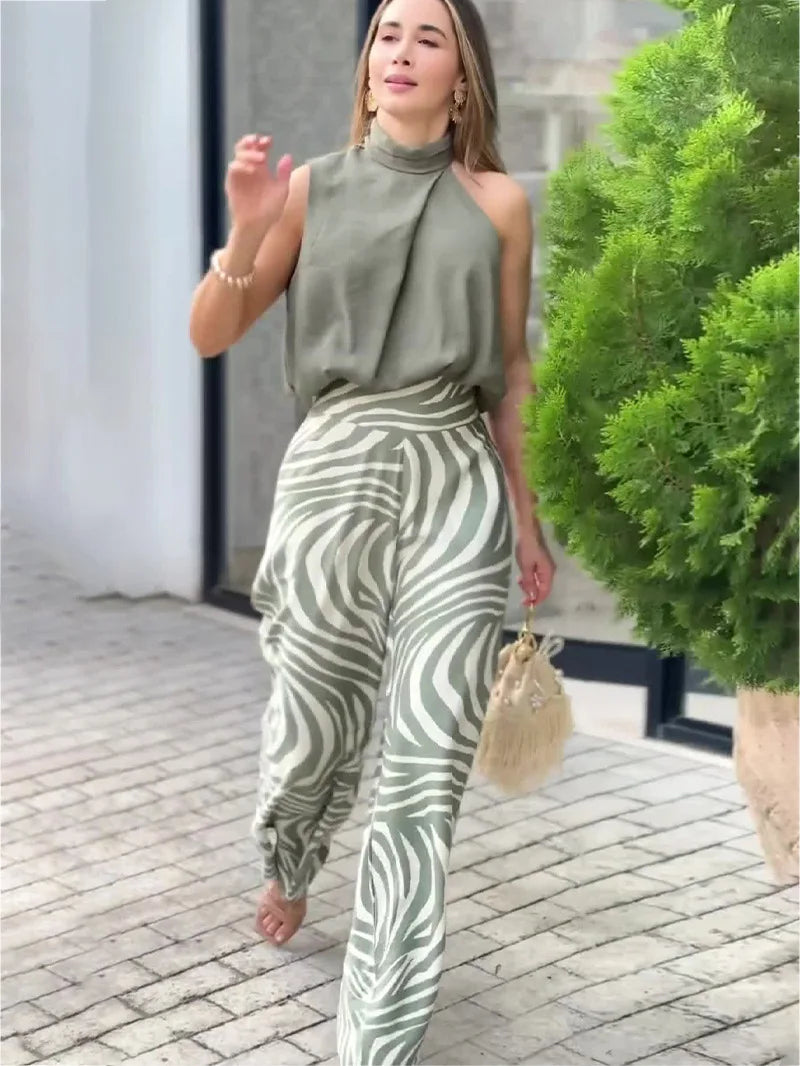 Conjunto de blusa sin mangas halter y pantalones de pierna ancha para mujer, nuevo, sexy, de verano, elegante, casual, de dos piezas para oficina