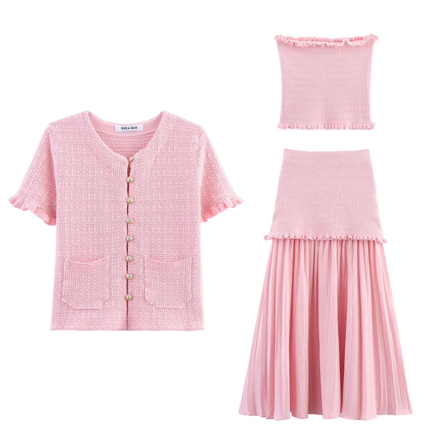TRAFZA Conjunto elegante y chic de falda para mujer: top estilo "bandeau" o falda midi o top de manga corta. Conjunto para las vacaciones románticas de primavera-verano 2025.