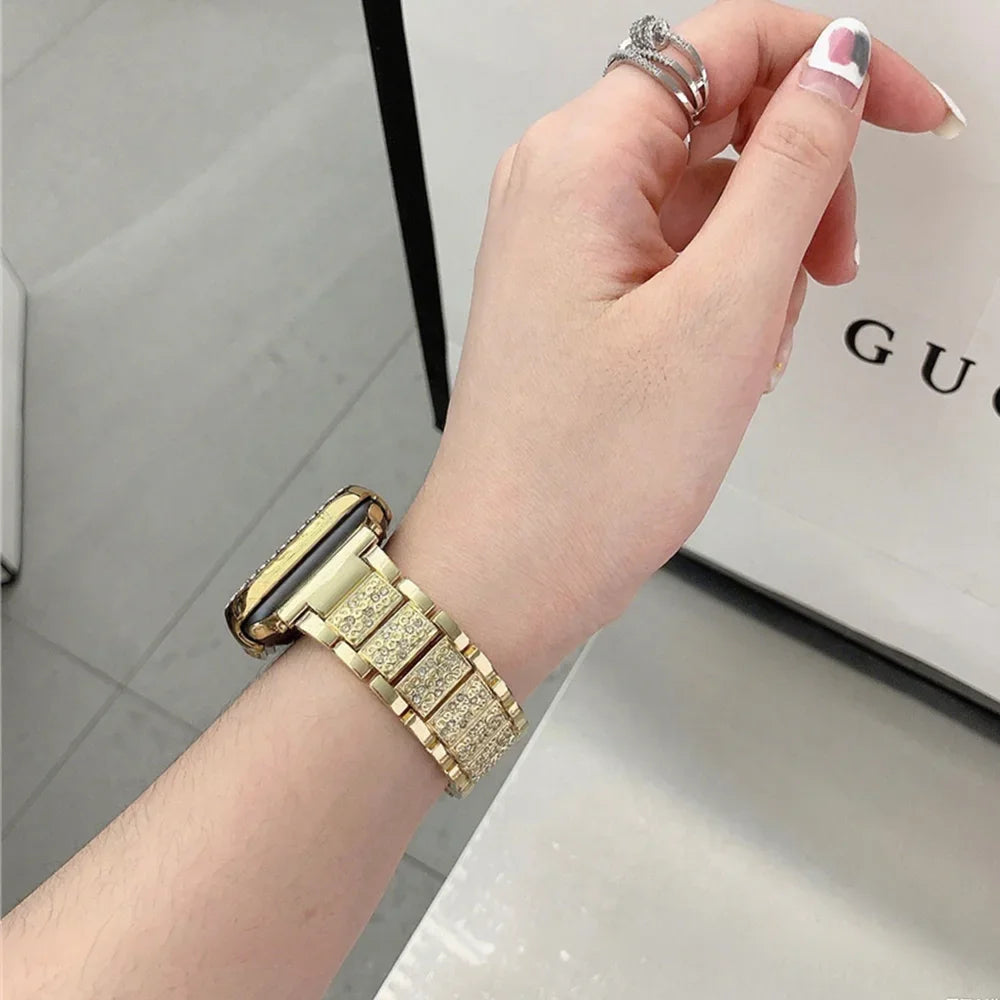 NEW Diamond case+Strap For Apple Watch Band 41mm 38mm 42mm 45mm 40mm 44mm Metal Belt IWatch Series 9 8 7 SE 6 5 Women Bracelet