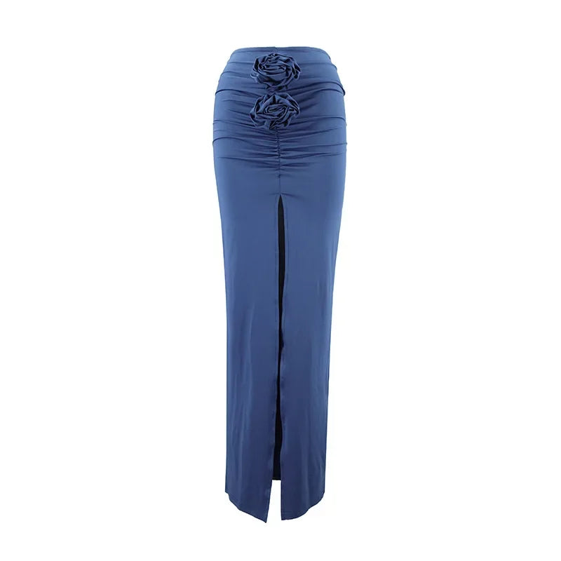 Nueva Falda de Verano para Mujer Ropa de Calle Faldas Sólidas Apliques Sexy Abertura Delgada Elegante Fiesta Femenina Recta Faldas de Cintura Alta