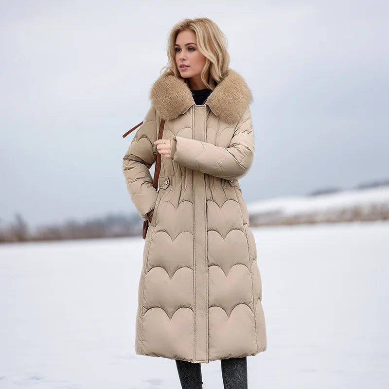 KIDCRKJ Abrigo de invierno pesado para mujer, con cintura ajustada, cuello de piel de lujo, acolchado para mujer, chaqueta larga por encima de la rodilla para mujer