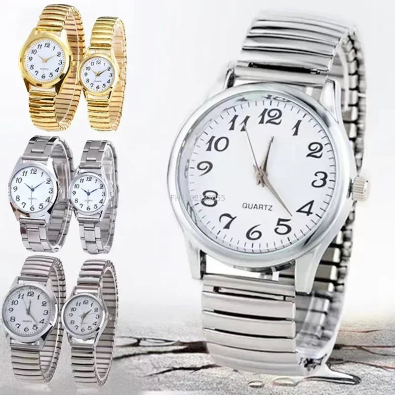 Relojes de pulsera para hombre y mujer, correa de acero inoxidable, aleación, para amantes, movimiento de cuarzo, correa elástica