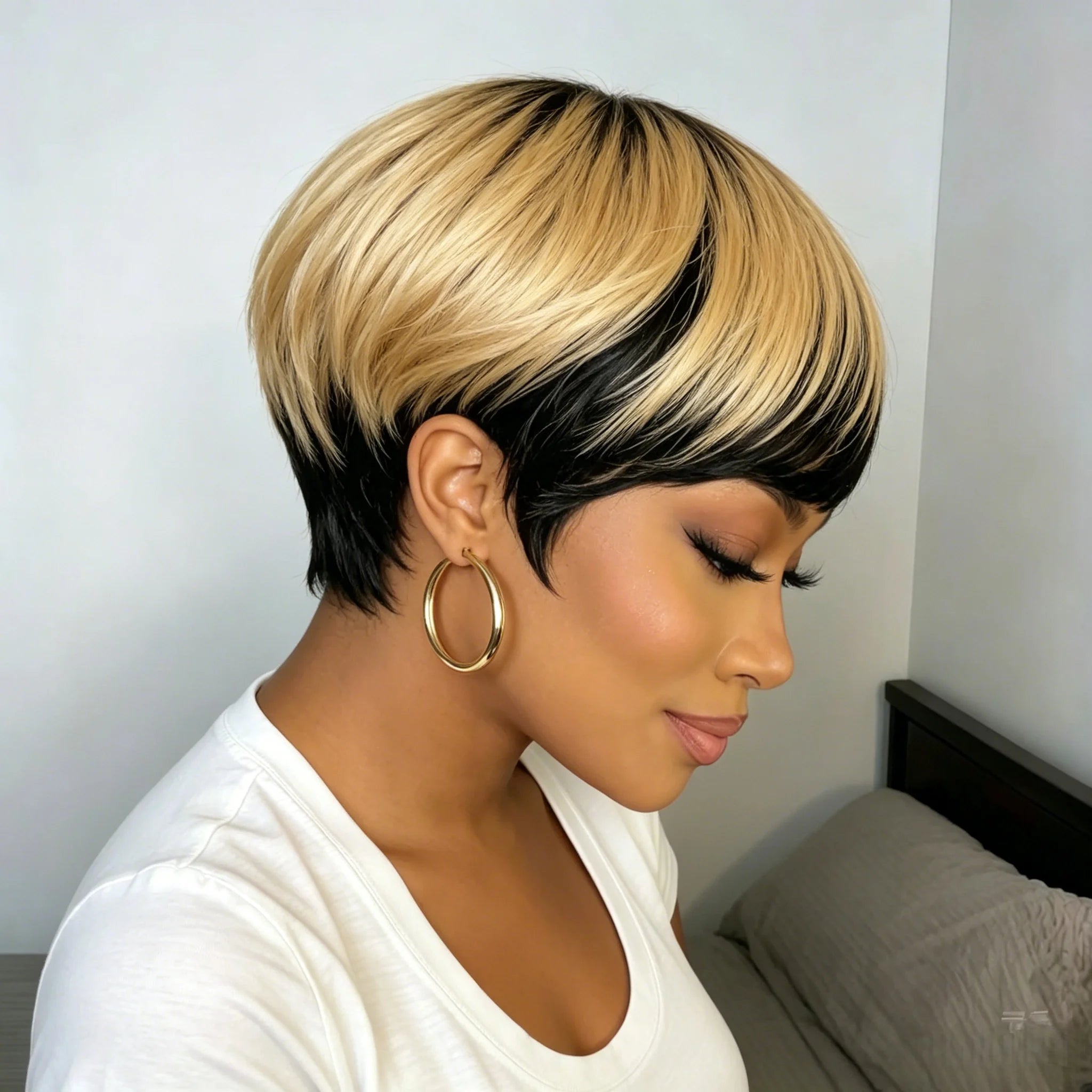 Ombre Black to Blonde Short Pixie Cut Straight Human Hair Wig for Women for Women Machine-made Wig
