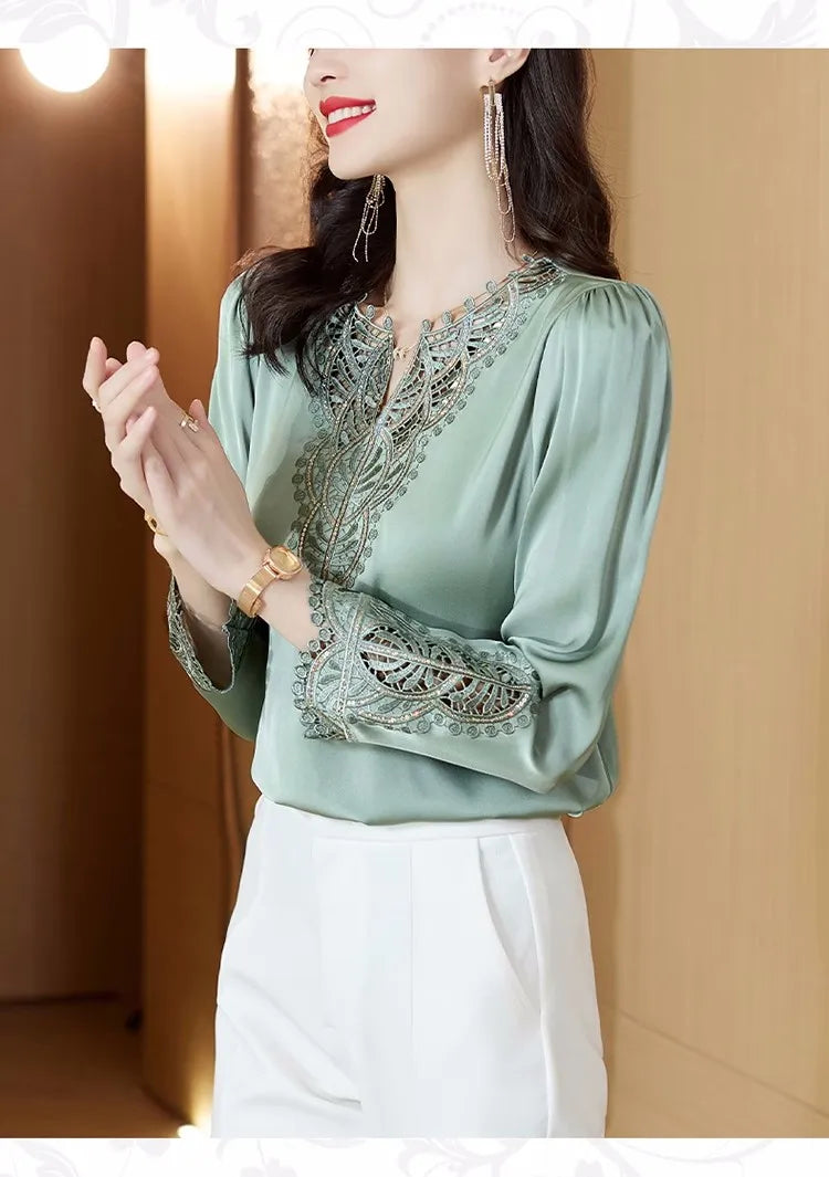 Moda Mujer Blusas de Seda Primavera Otoño Camisas de Manga Larga Bordadas Elegantes Tops de Diseño Retro para Oficina