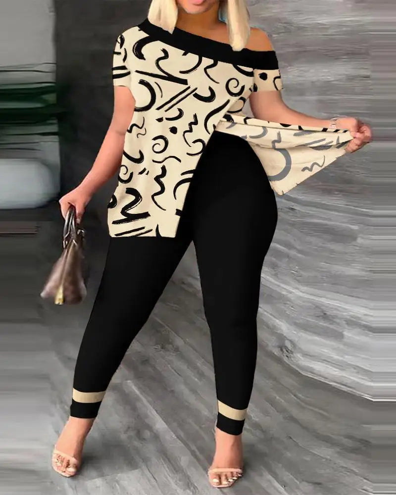 Conjuntos de dos piezas elegantes para mujer, nueva moda, estampado, top de manga con volantes, conjunto de pantalones de color sólido con cinturón, blusas, ropa femenina